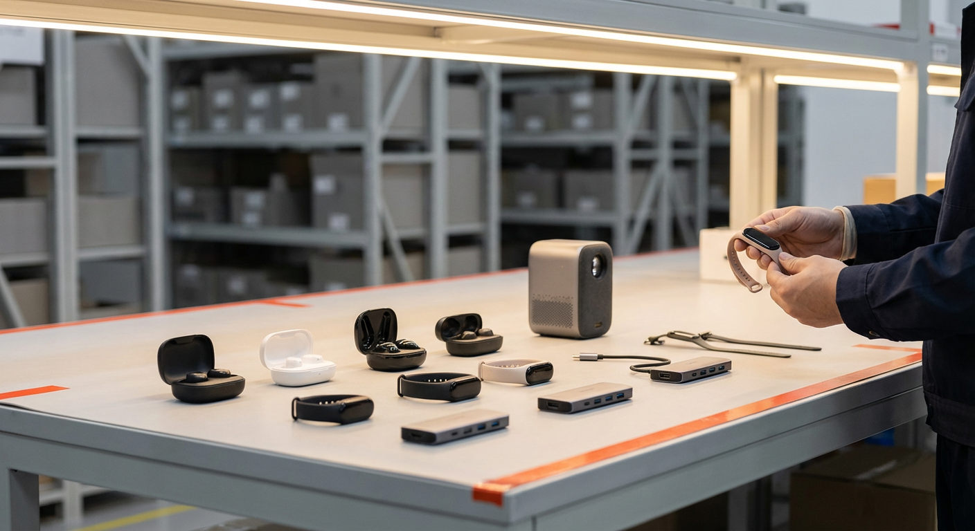 Китайская электроника разложена на складском столе — наушники, умные браслеты, USB-хабы и мини-проектор