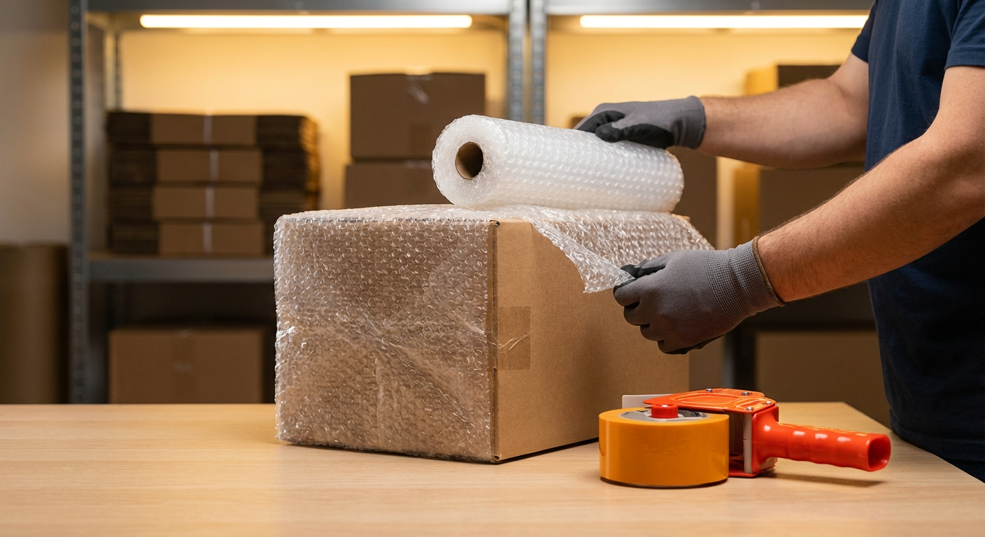 Руки рабочего аккуратно оборачивают картонную коробку пузырчатой защитной плёнкой на складе