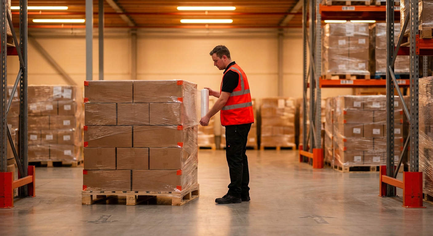 Паллет с коробками обмотан стретч-плёнкой в чистом современном складском помещении с сотрудником в жилете