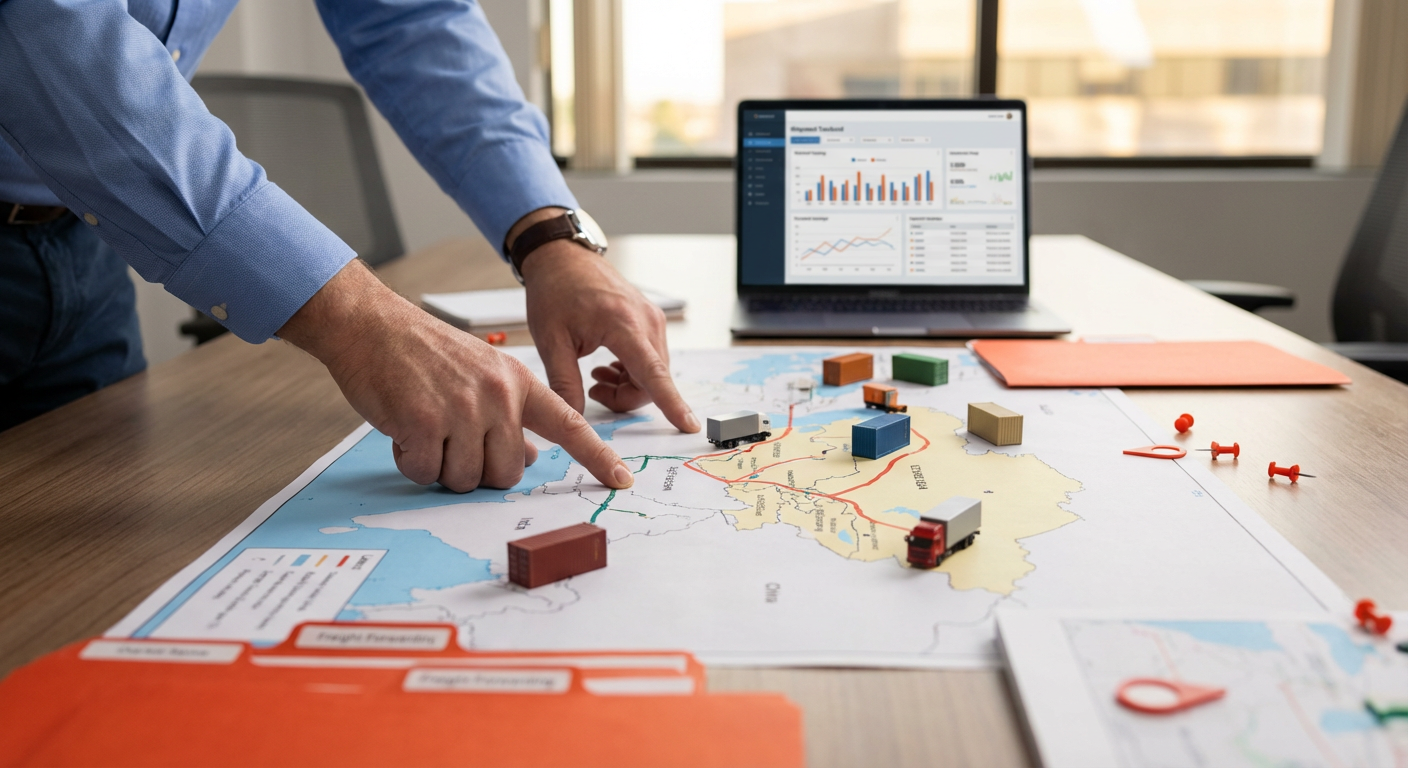 Карта маршрутов грузовой доставки из Китая через Казахстан в Россию на рабочем столе логиста