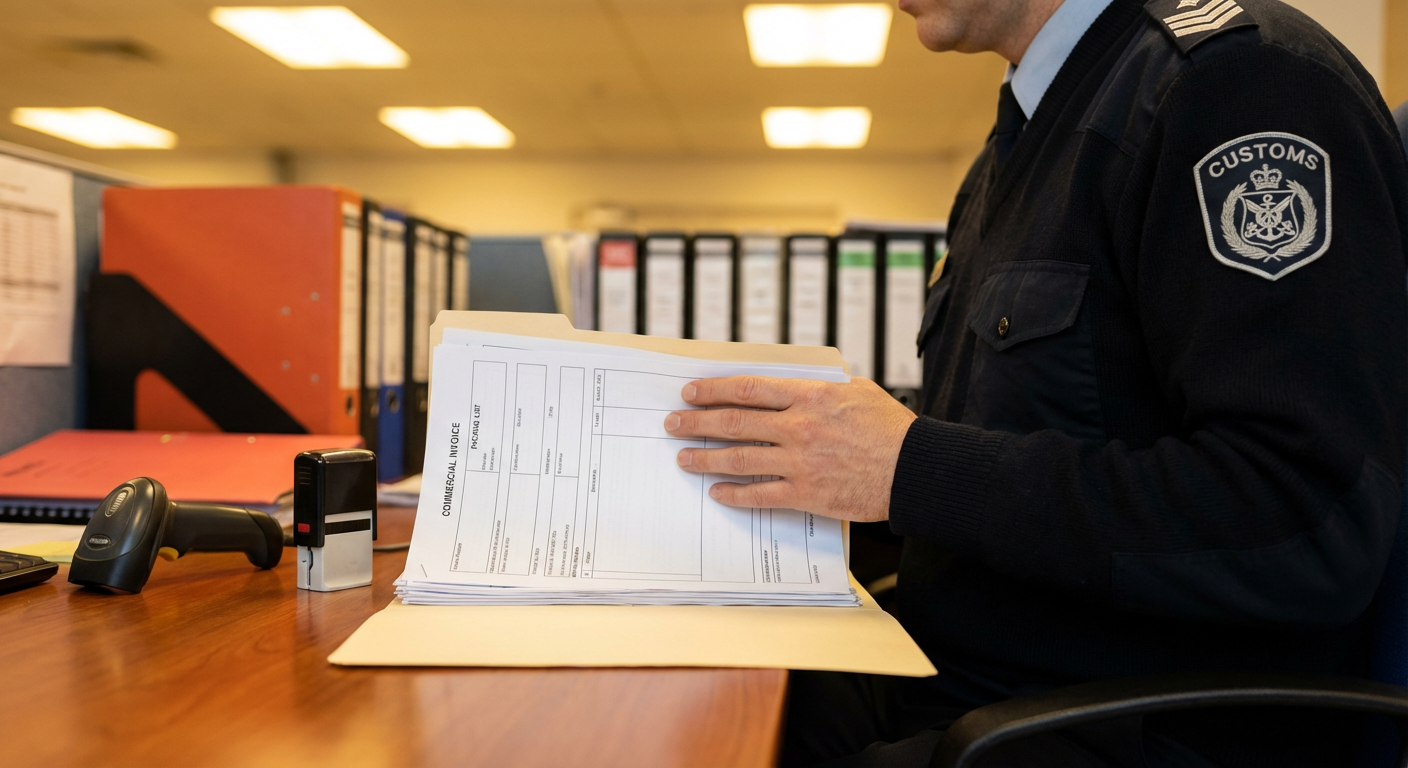 Таможенный инспектор проверяет документы на пограничном контрольно-пропускном пункте при оформлении импортного груза