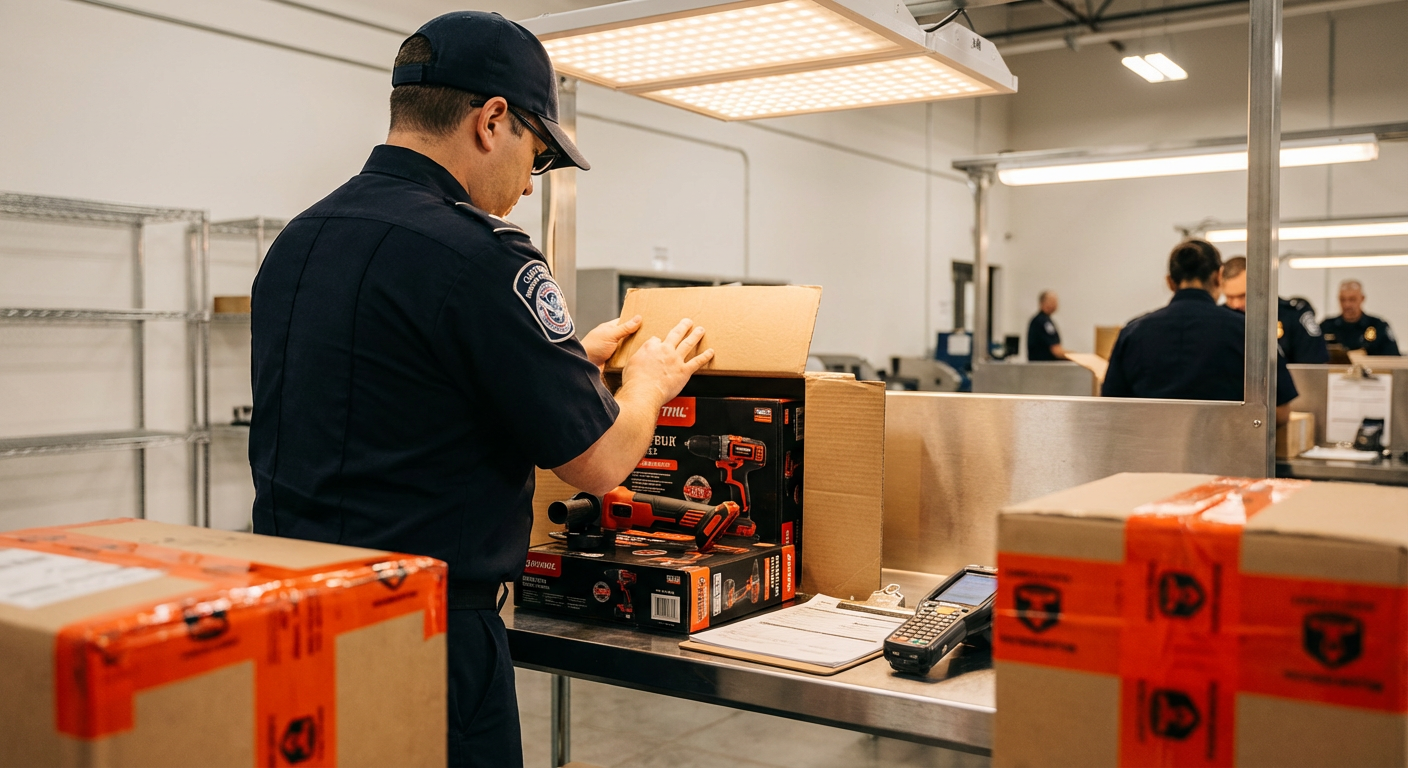 Таможенный офицер осматривает коробки с электроинструментом на границе при досмотре груза