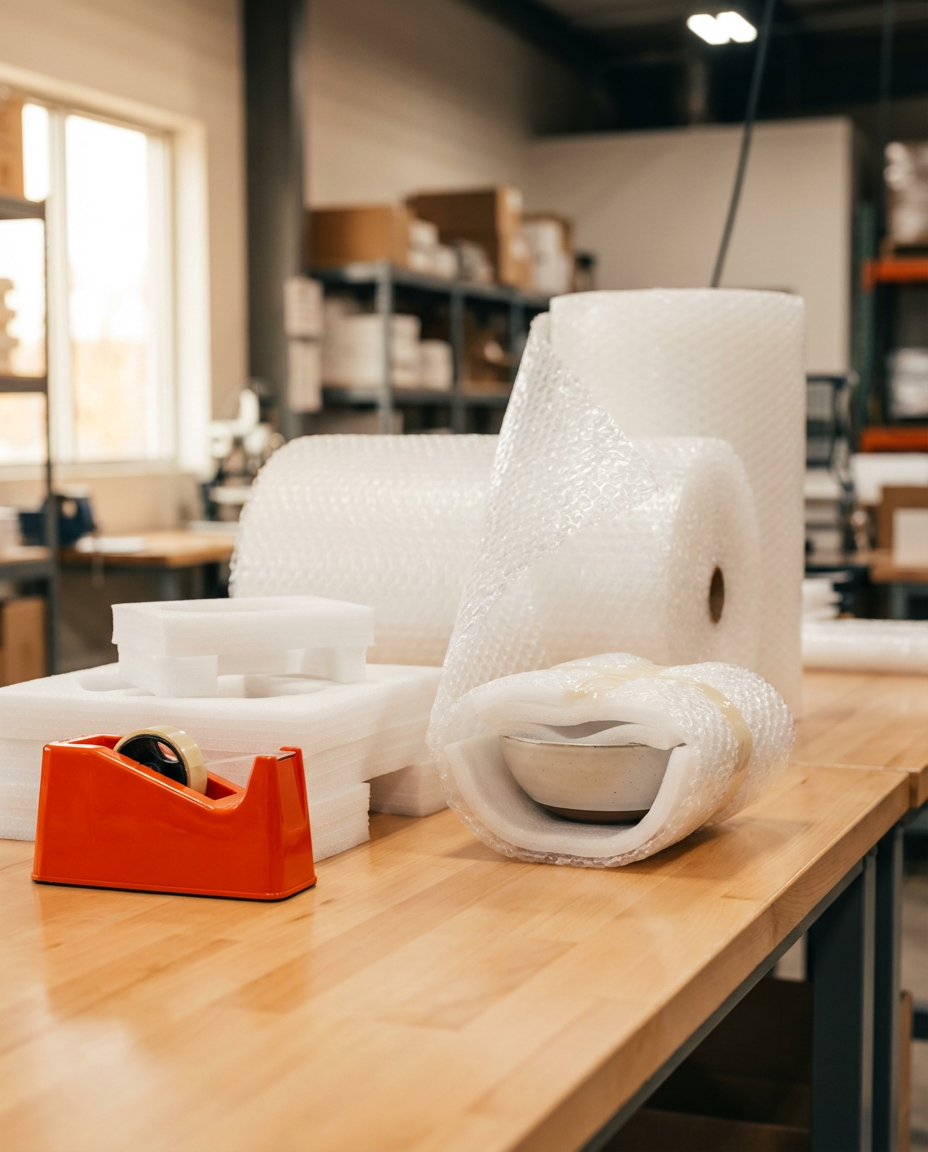 Воздушно-пузырьковая плёнка и пенополиэтиленовые вкладыши для упаковки хрупкой посуды