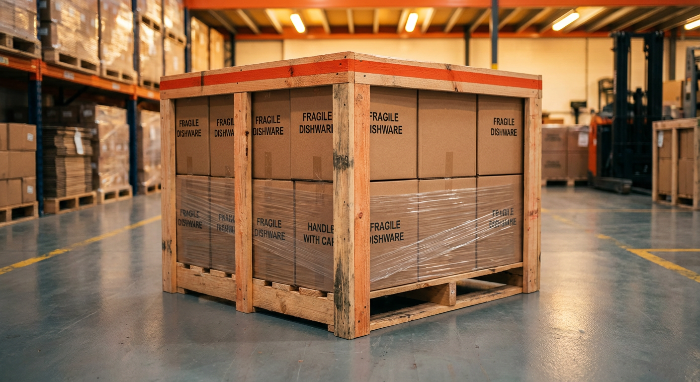 Деревянный паллетный борт защищает штабель коробок с посудой при транспортировке