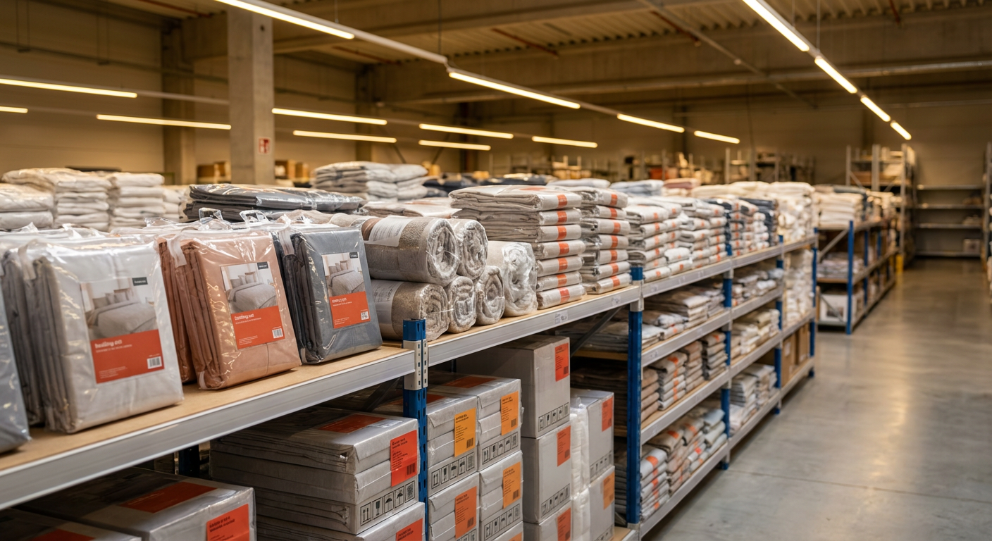 Стеллажи на складе с упакованными комплектами постельного белья и полотенцами из Китая