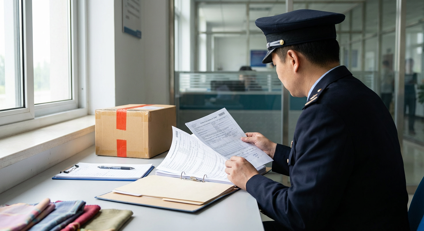 Таможенный инспектор проверяет документы на партию текстиля на пограничном контрольном пункте