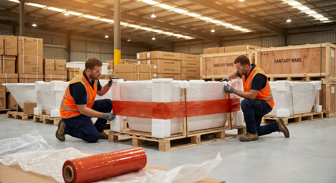 Акриловые ванны в защитной упаковке на усиленных паллетах в складском помещении логистической компании