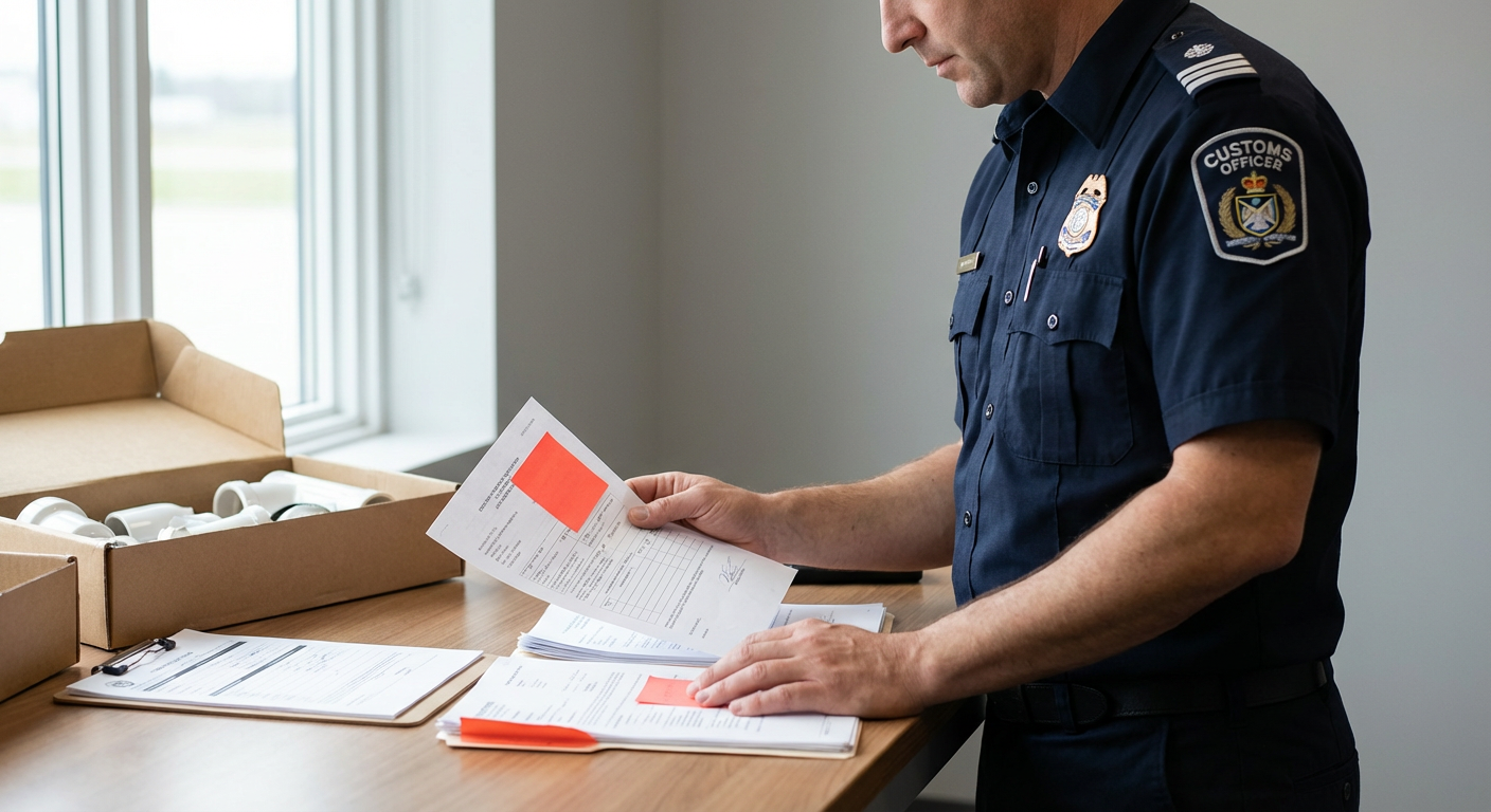 Сотрудник таможни проверяет документы на партию сантехники на пограничном контрольном пункте