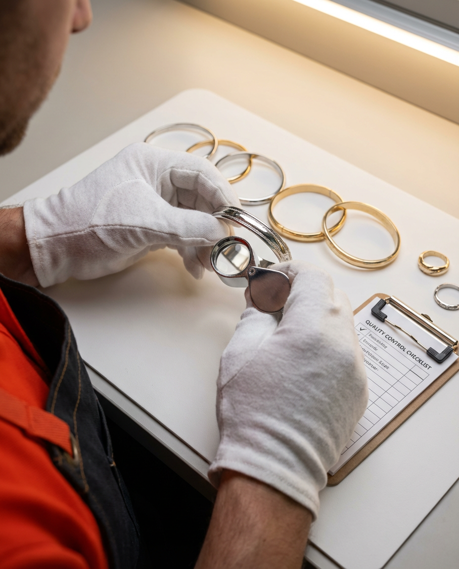 Контролёр качества осматривает браслеты из Китая с помощью ювелирной лупы в перчатках