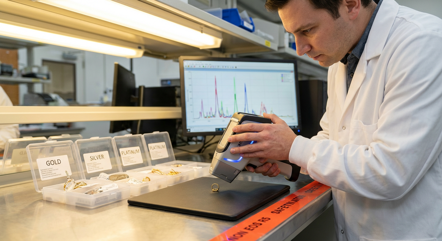 Лаборант проводит XRF-анализ образца бижутерии с помощью портативного рентгенофлуоресцентного спектрометра