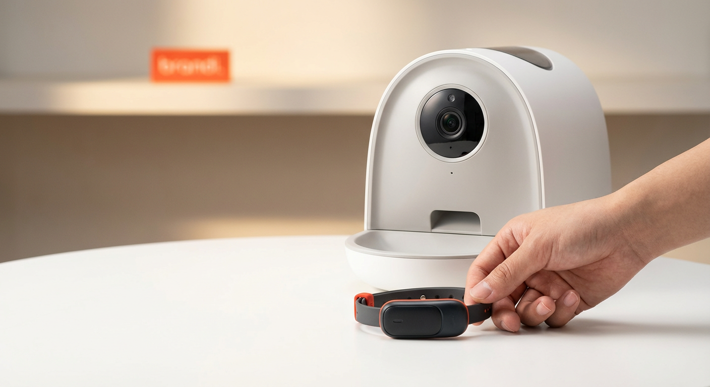 Умная автоматическая кормушка и GPS-ошейник для животных на белом фоне