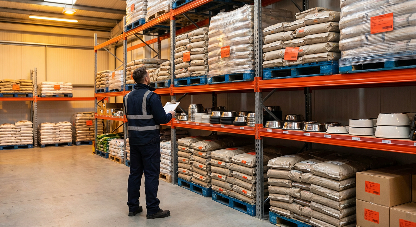 Мешки с кормом для животных и миски на складе для экспорта из Китая