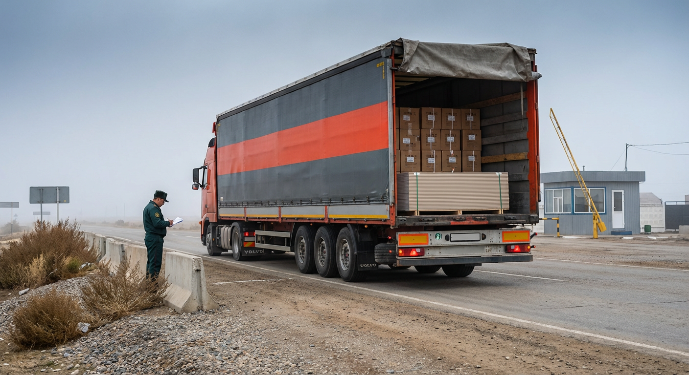 Грузовой автомобиль со строительными материалами пересекает казахстанскую границу на пограничном пункте пропуска