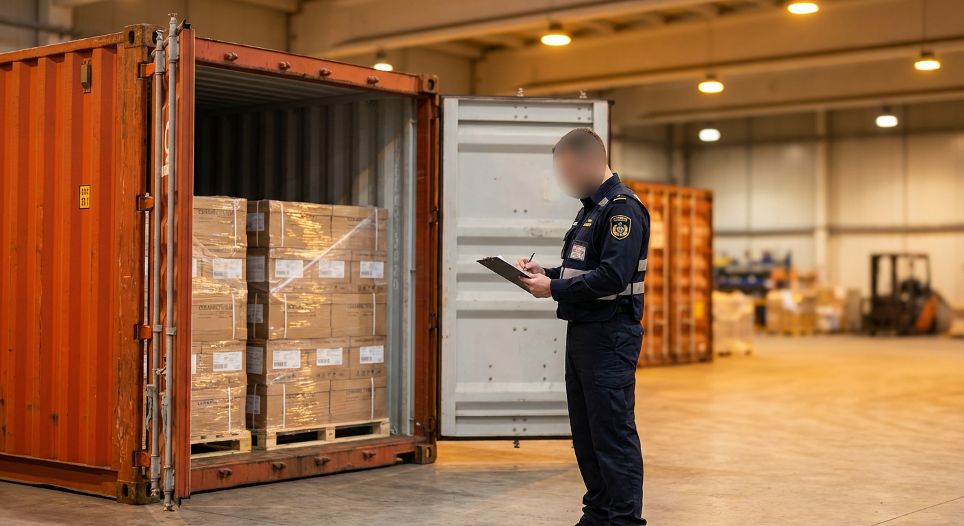 Таможенный инспектор проверяет содержимое морского контейнера с керамической плиткой на складе