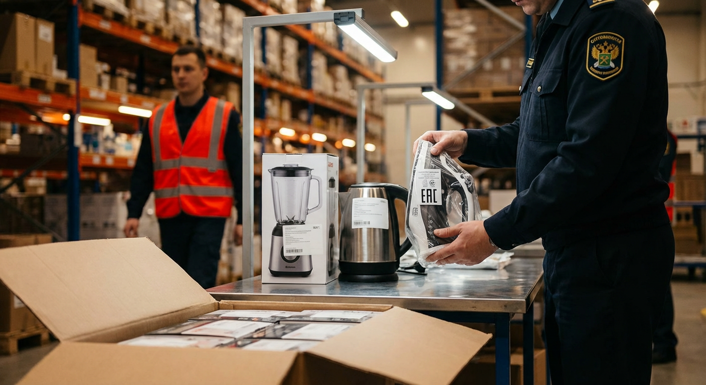 Таможенный инспектор проверяет маркировку EAC на бытовой технике на складе