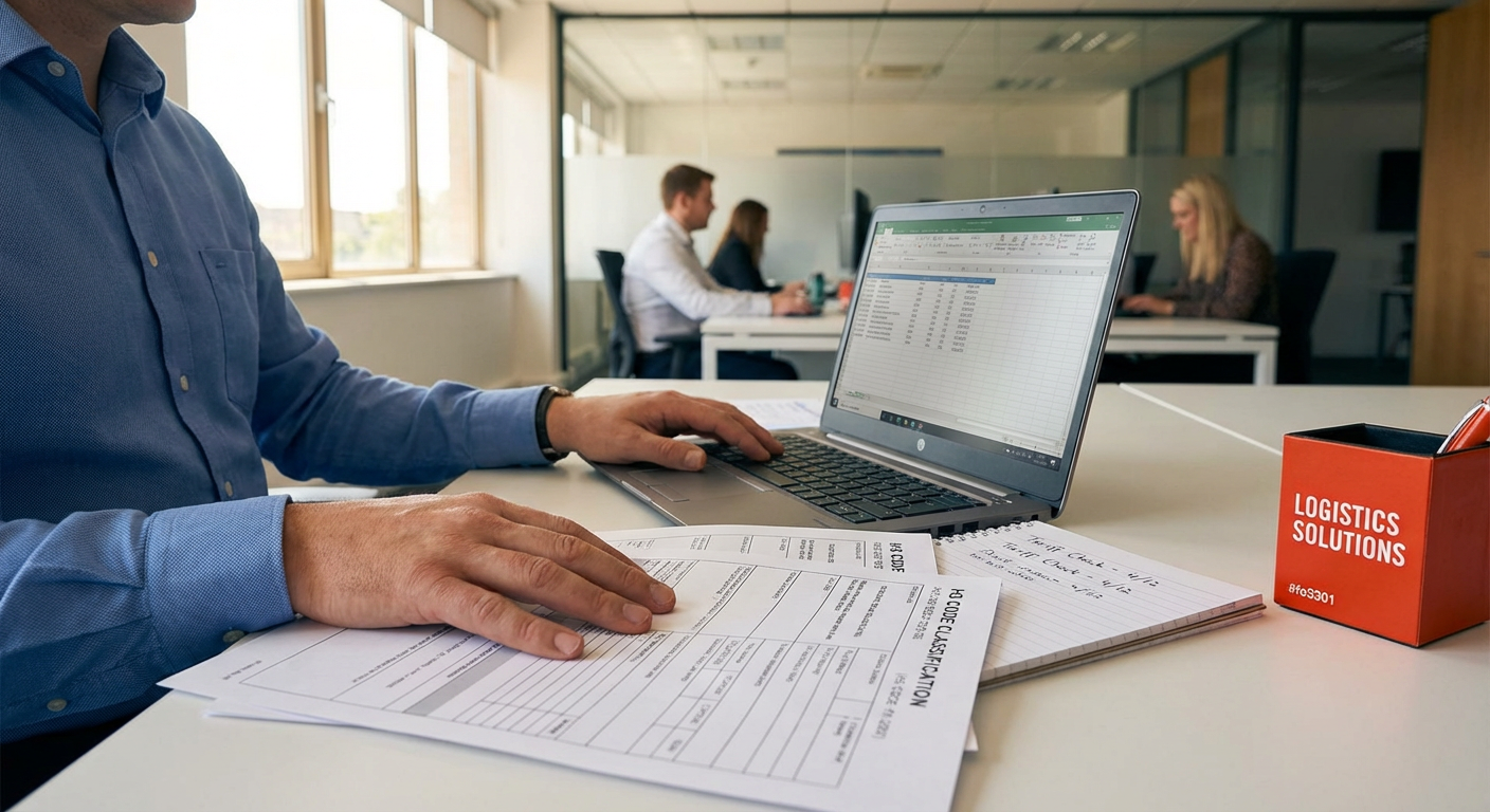 Логист изучает документы с кодами ТН ВЭД за рабочим столом в офисе