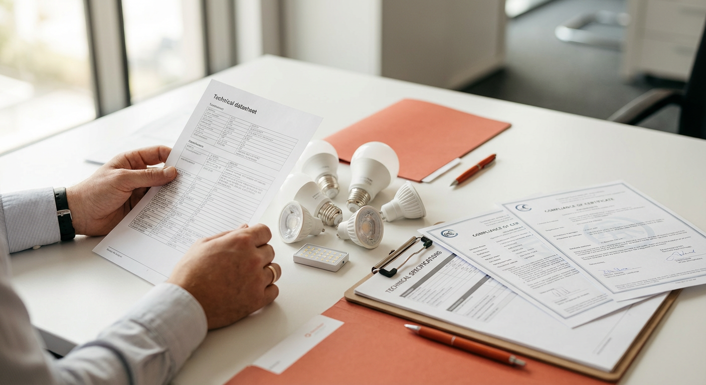 LED-лампы различных типов и сертификационные документы ЕАЭС на рабочем столе специалиста по сертификации