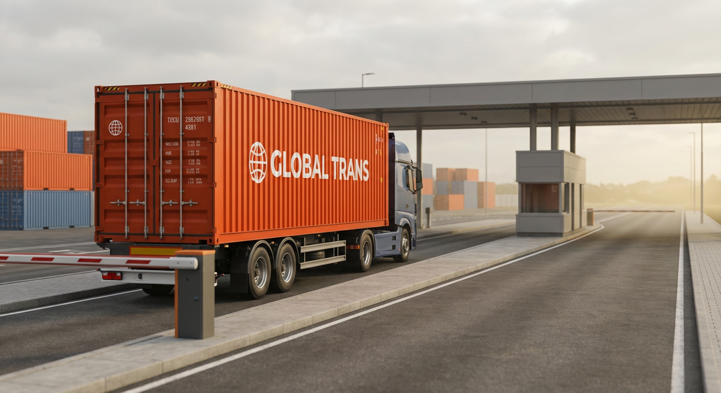 Грузовой автомобиль с контейнером проезжает таможенный пограничный пост при импорте грузов из Китая в Россию