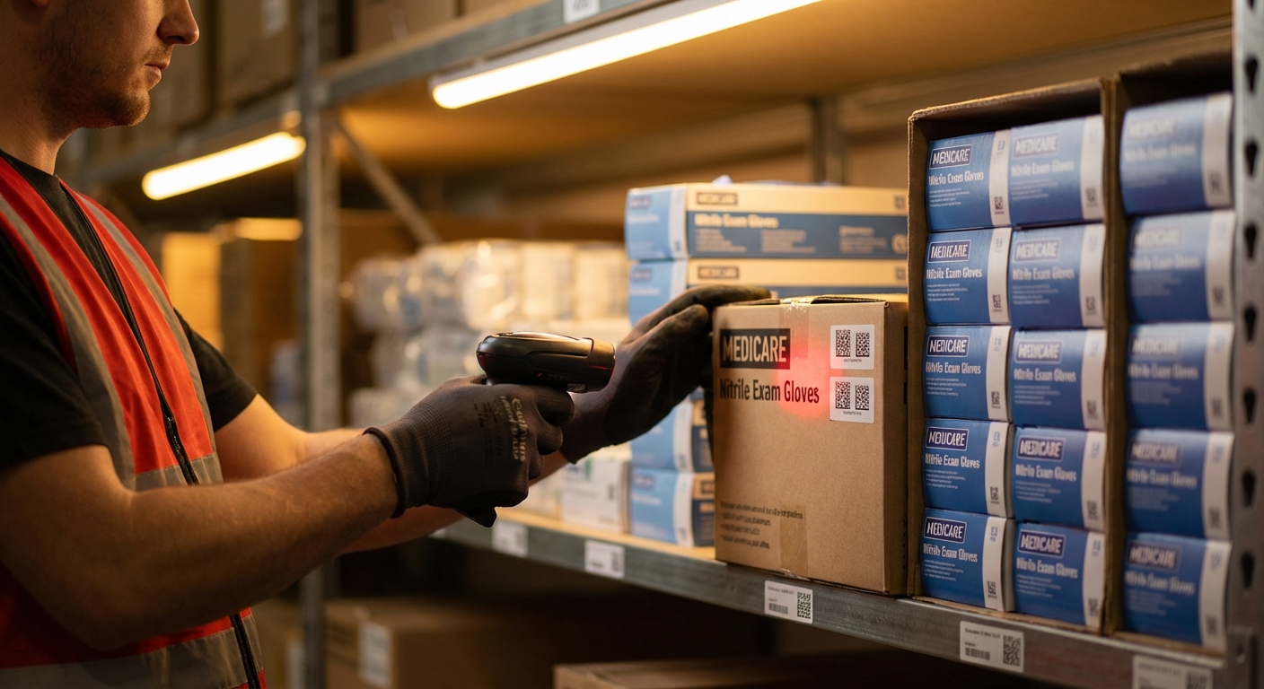 Сотрудник склада сканирует упаковки медицинских перчаток сканером для системы маркировки Честный ЗНАК