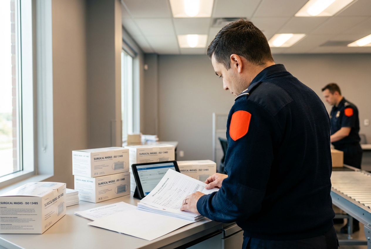 Таможенный инспектор проверяет документы на медицинские изделия на пограничном переходе при импорте из Китая