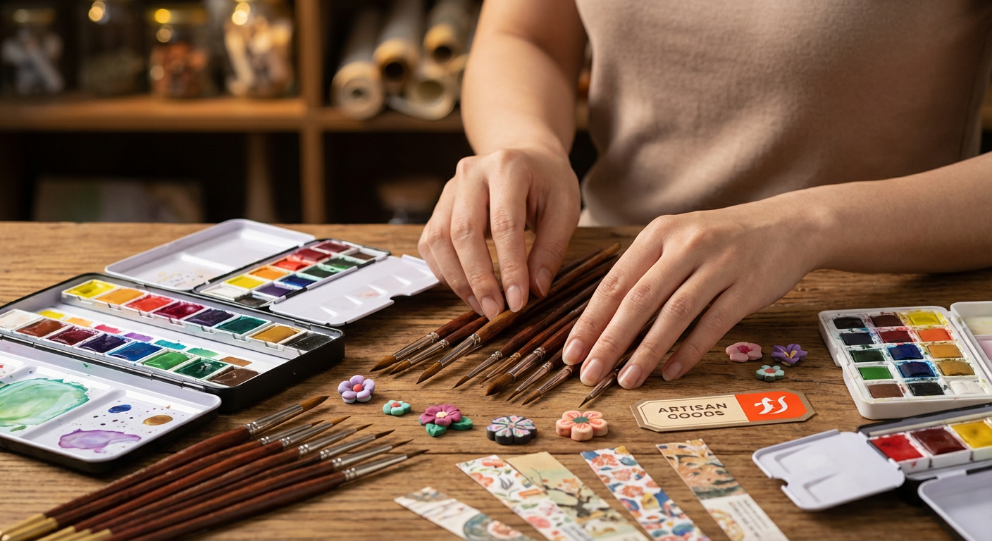 Акварельные краски, кисти и материалы для handmade из Китая крупным планом на деревянной поверхности