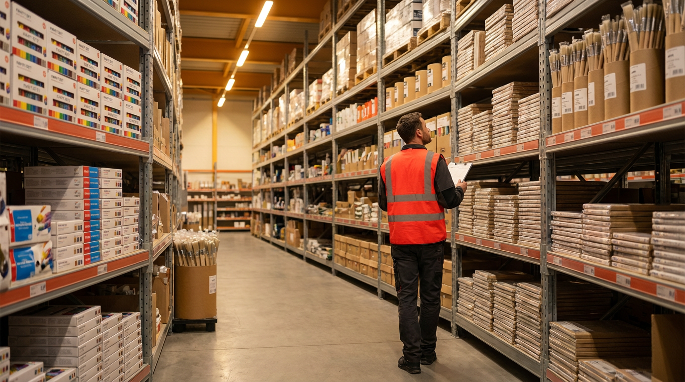 Склад художественных товаров и материалов для хобби из Китая с полками, заполненными кистями и красками