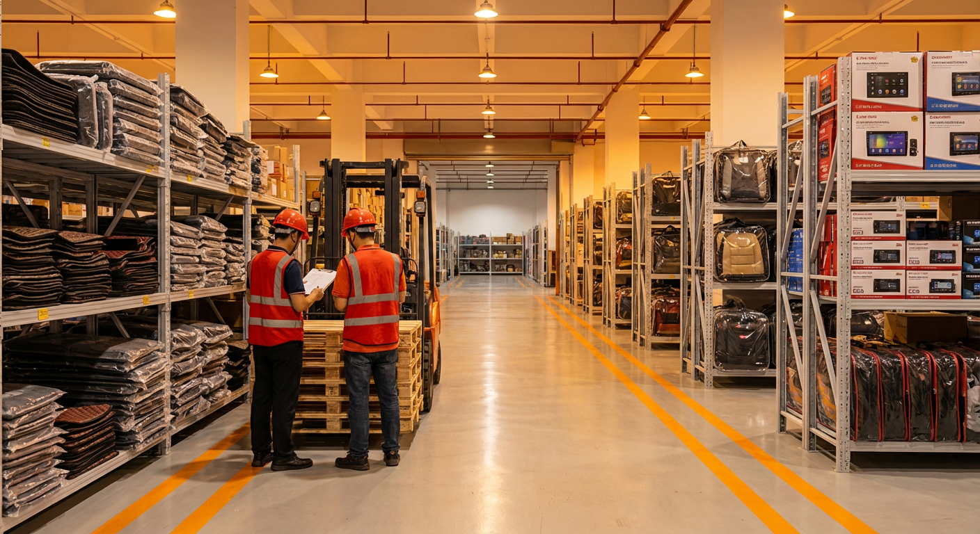 Оптовый склад автоаксессуаров в Гуанчжоу с рабочими у стеллажей с ковриками и чехлами