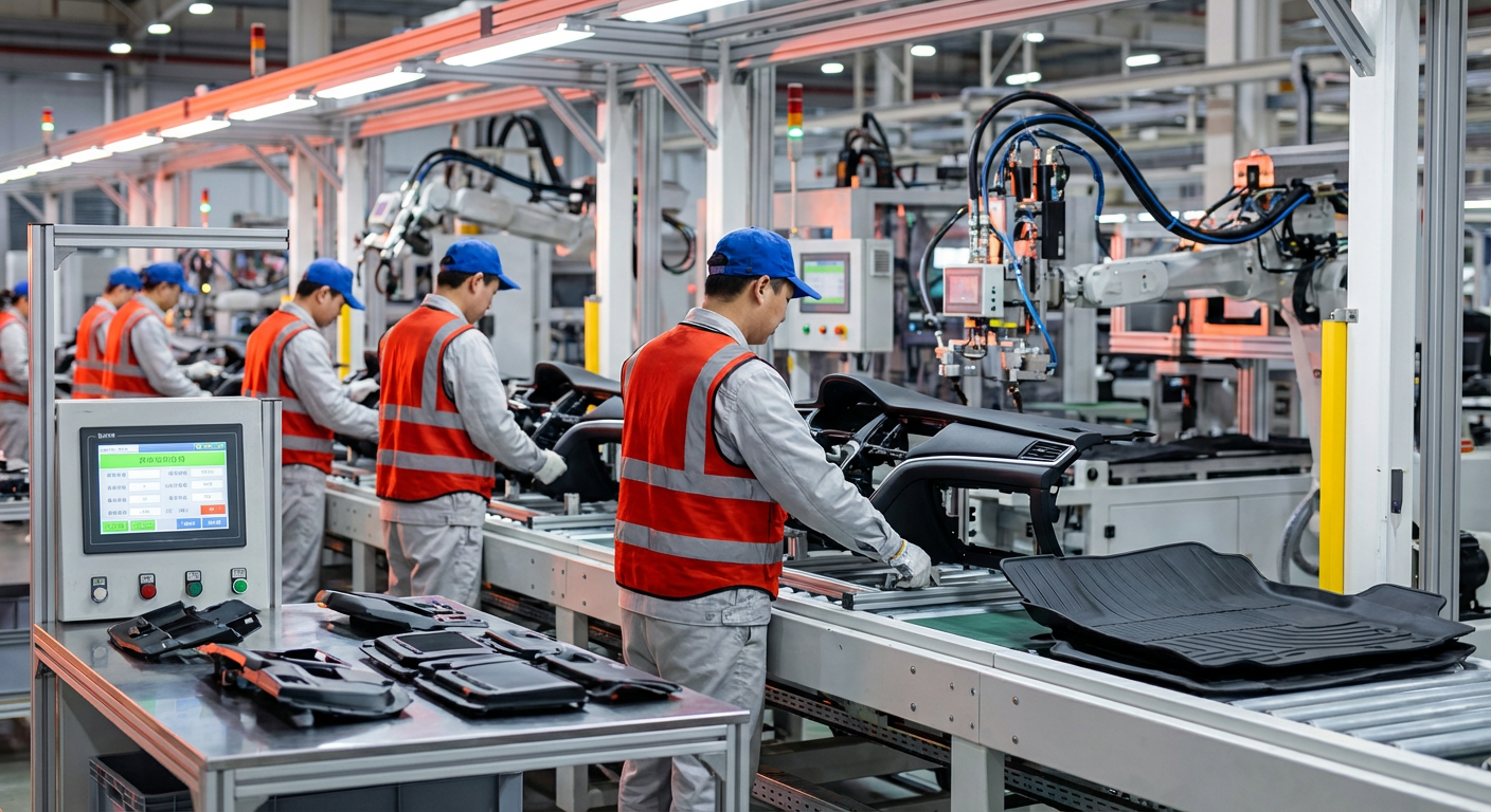 Рабочие на сборочной линии китайского завода по производству автозапчастей и аксессуаров