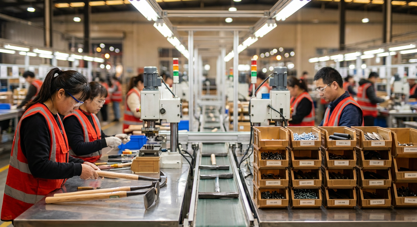 Производственная линия сборки садовых инструментов на китайском заводе с рабочими