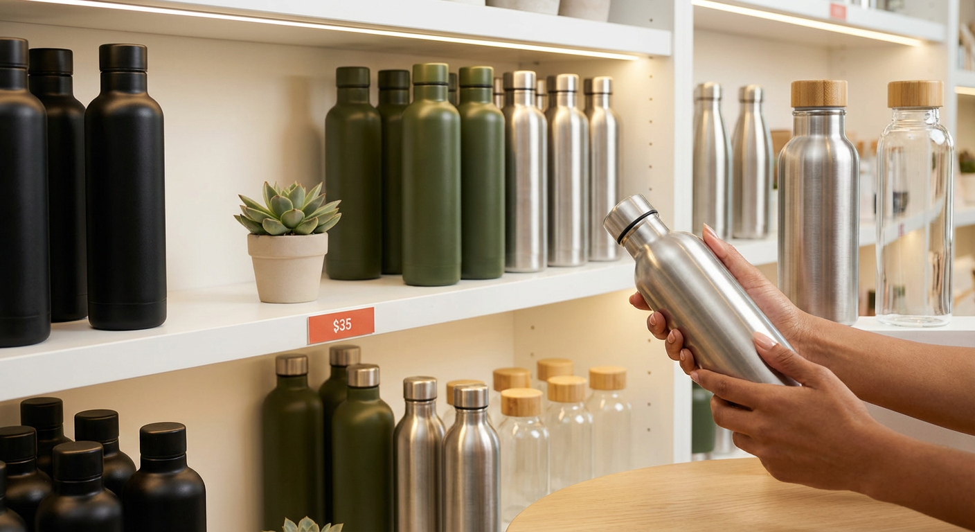 Многоразовые бутылки для воды и эко-товары на полке магазина — нержавеющая сталь и бамбук