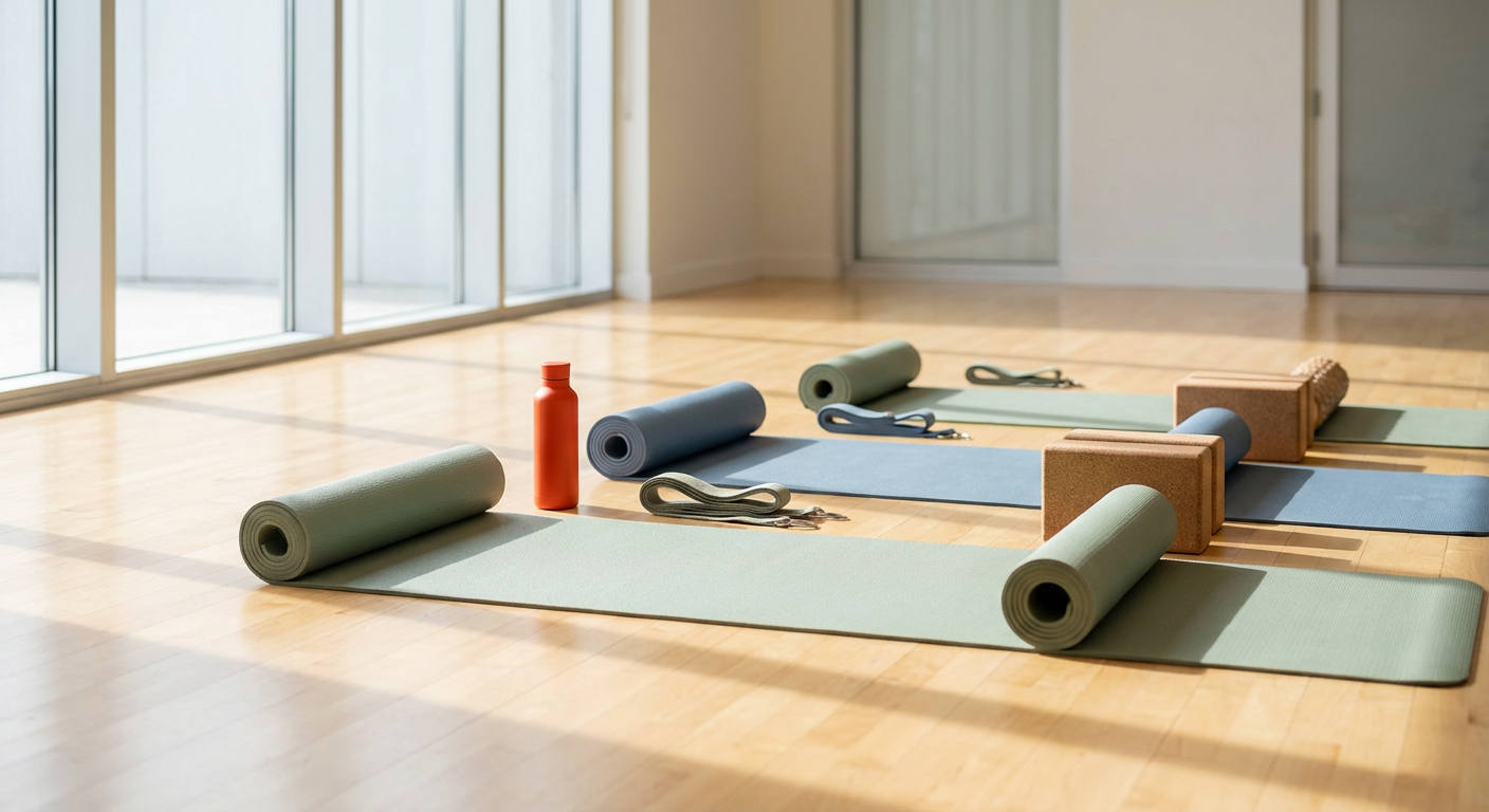 Йога-маты и фитнес-аксессуары разложены на полу спортивного зала — TPE коврики, блоки и ремни