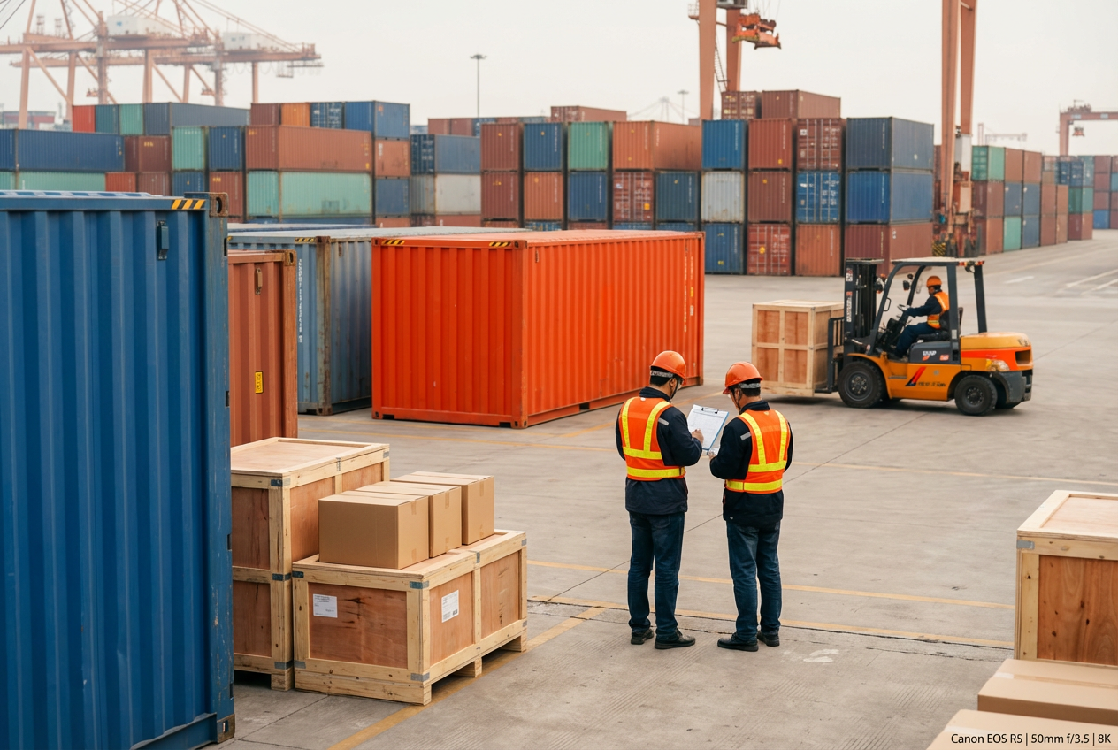 Контейнеры и грузовые ящики с мебелью в китайском порту, обзор логистики