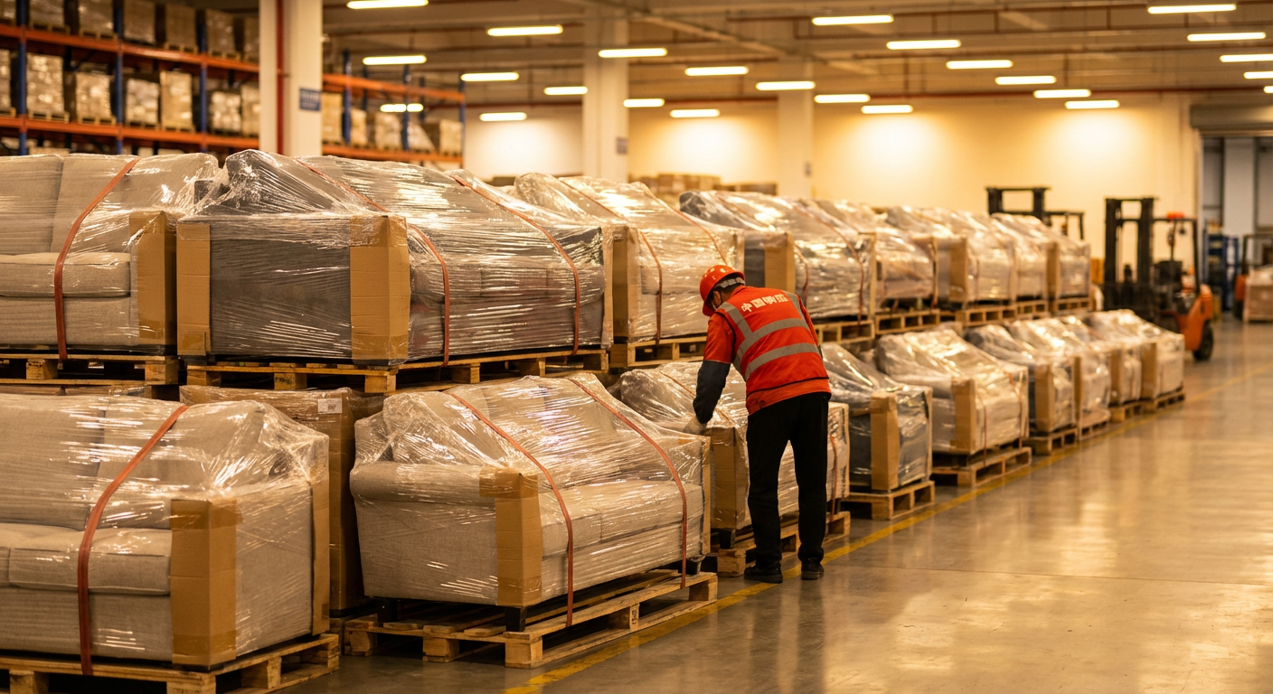 Упакованные диваны и мягкая мебель на складе в Китае, готовые к отправке