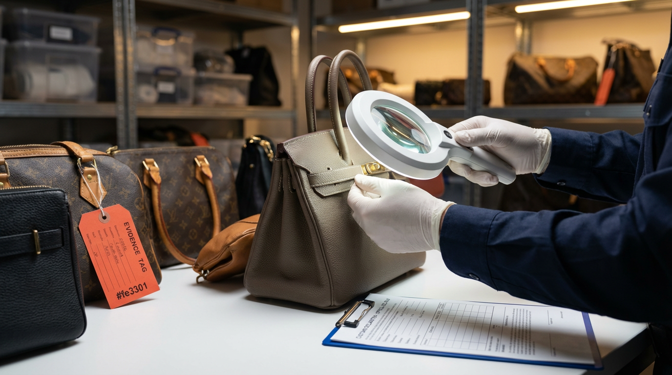 Таможенник в перчатках осматривает изъятые сумки с признаками контрафакта
