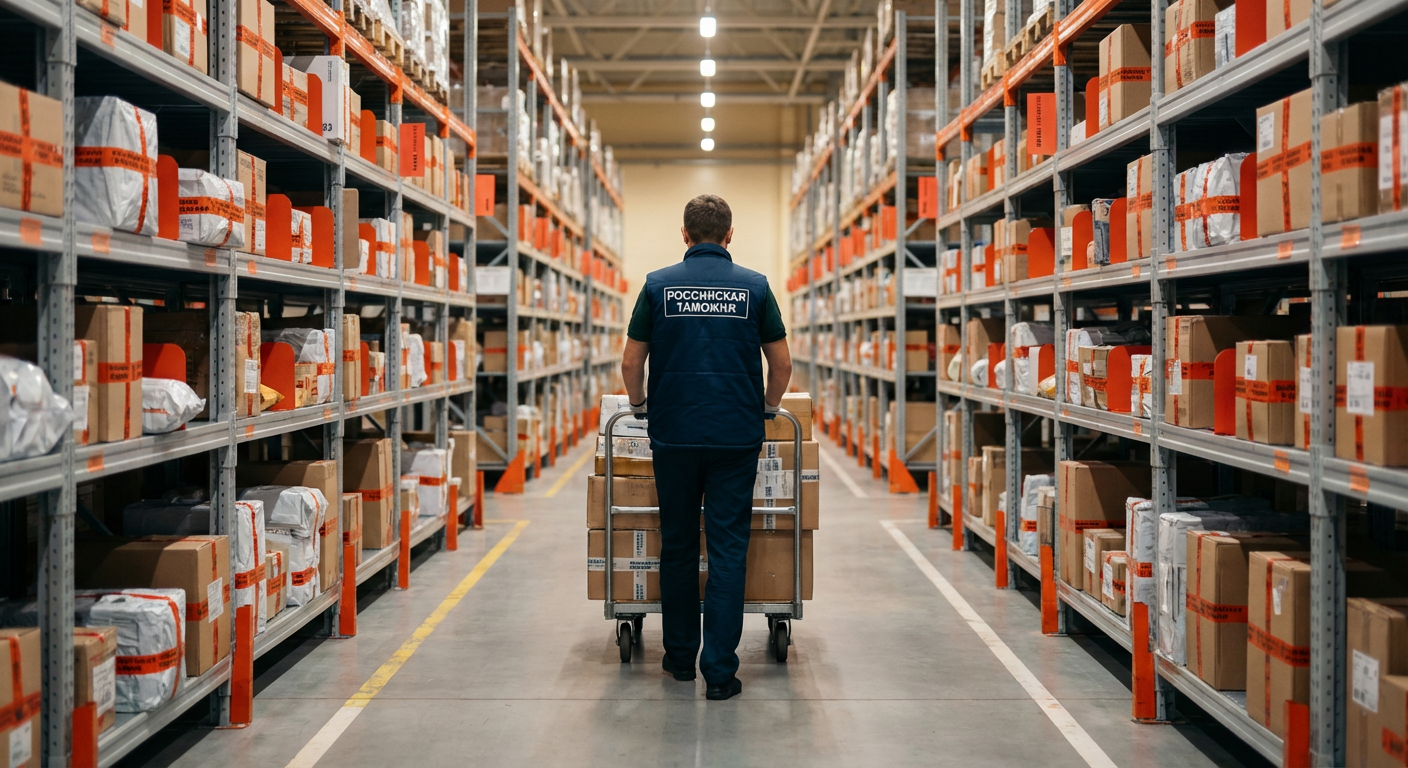 Склад таможни с рядами стеллажей, заполненных изъятыми коробками с контрафактным товаром