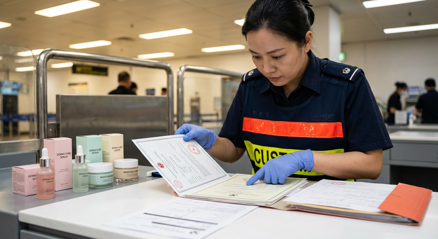 Таможенный инспектор изучает разрешительные документы на косметику на пункте пропуска