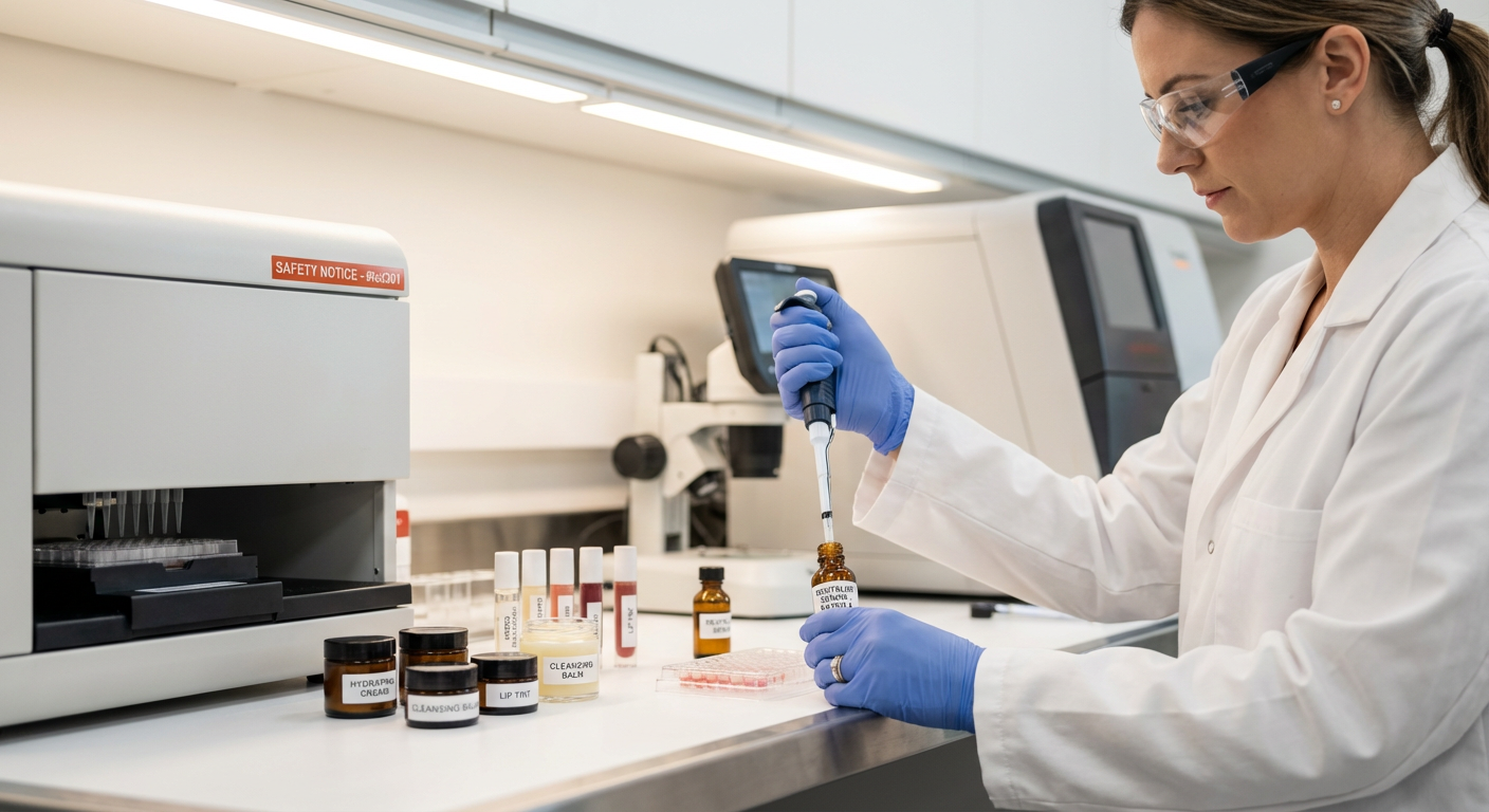 Лаборант в белом халате тестирует образцы косметики в аккредитованной испытательной лаборатории