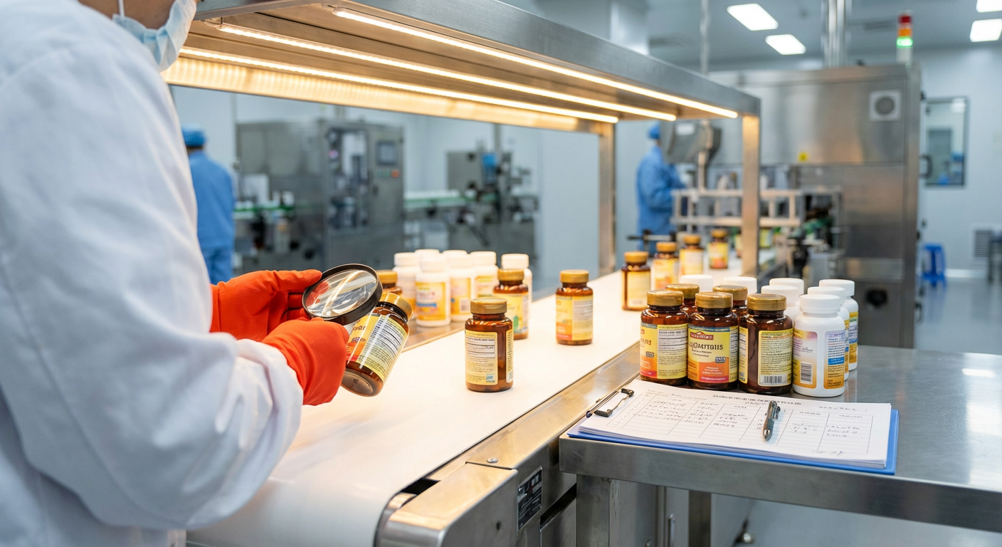 Работник китайской фабрики проверяет этикетки на упаковках спортивного питания при контроле качества