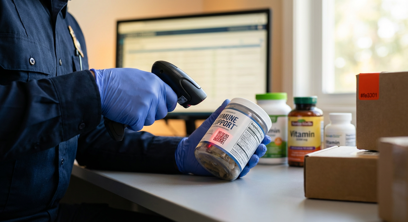 Таможенный сотрудник сканирует штрих-код Data Matrix на упаковке БАД при таможенном контроле