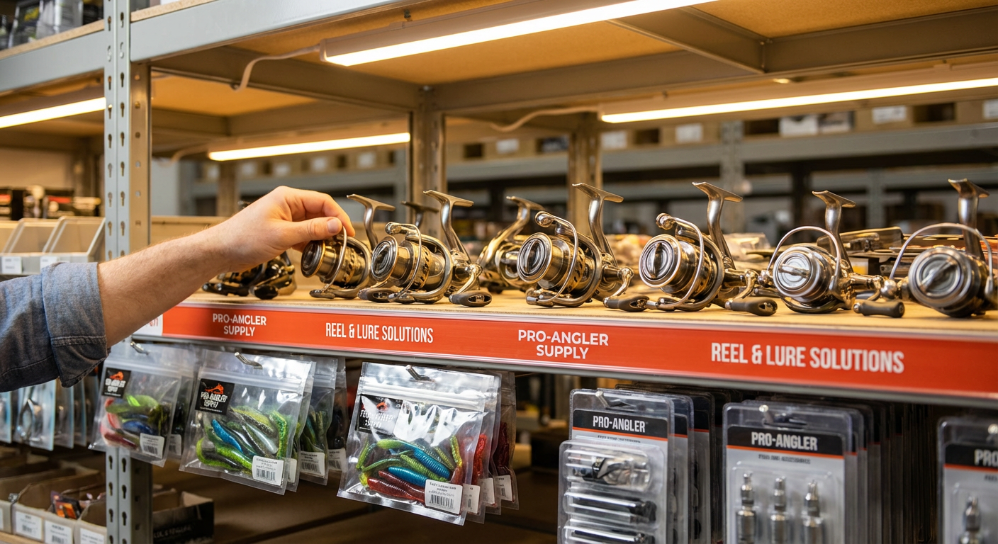 Рыболовные катушки и силиконовые приманки, разложенные на складском стеллаже