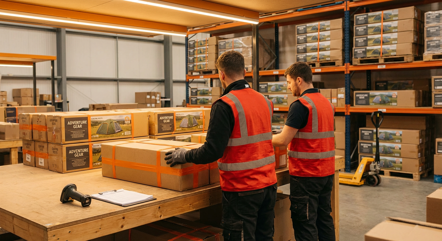 Работники склада сортируют туристические палатки перед отправкой покупателям