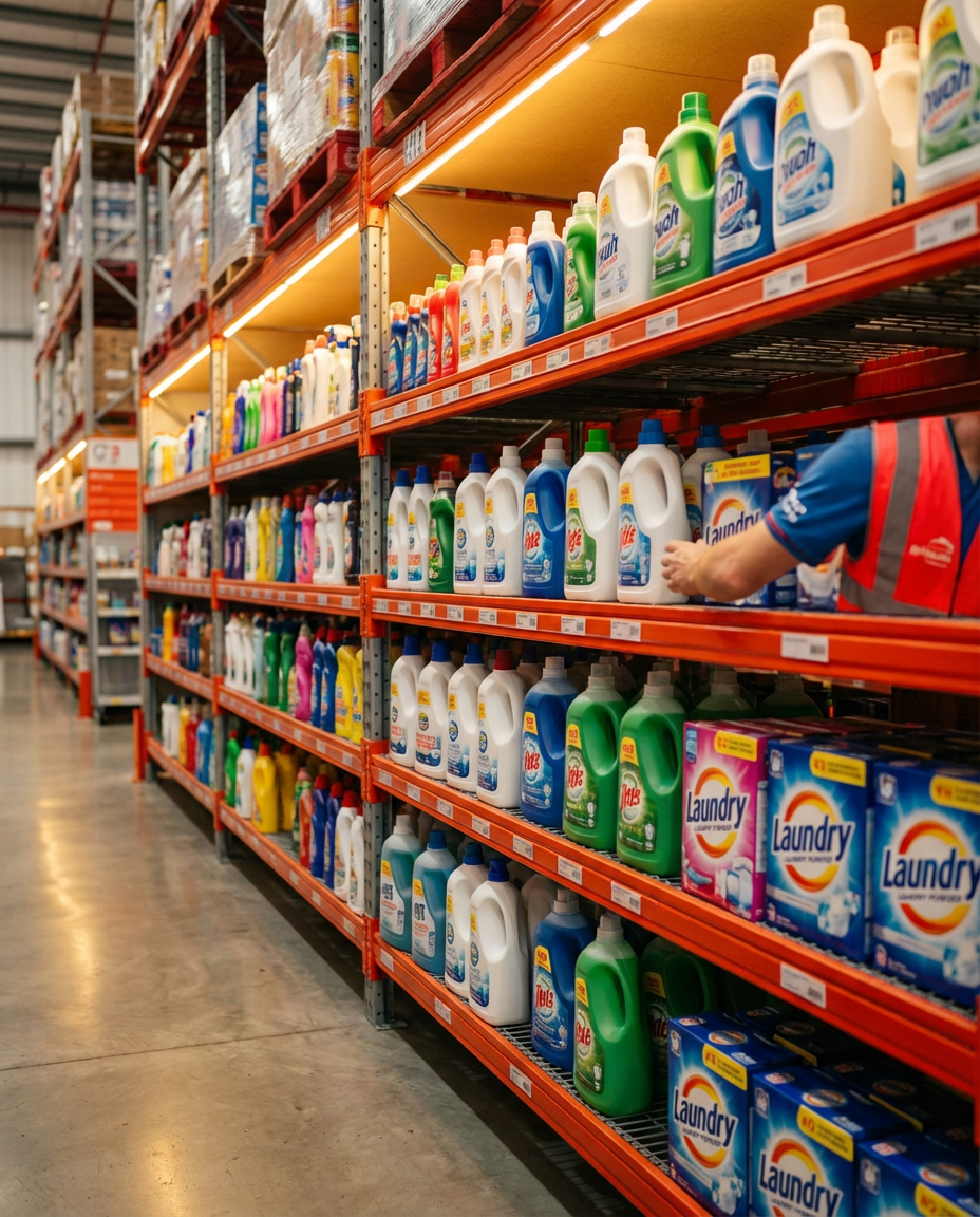 Стеллажи склада с бутылками моющих средств и упаковками стирального порошка крупным планом