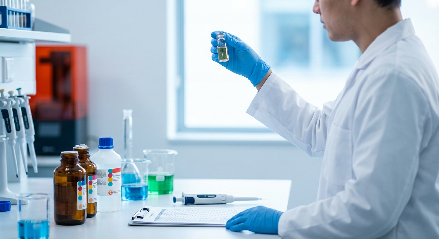 Лаборант в белом халате и перчатках тестирует образцы моющих средств в современной лаборатории
