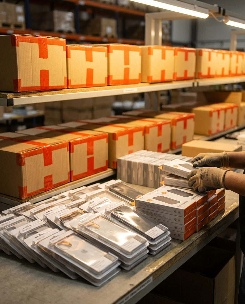 Оптовые партии чехлов для телефонов и powerbank в упаковочных коробках на складе в Китае