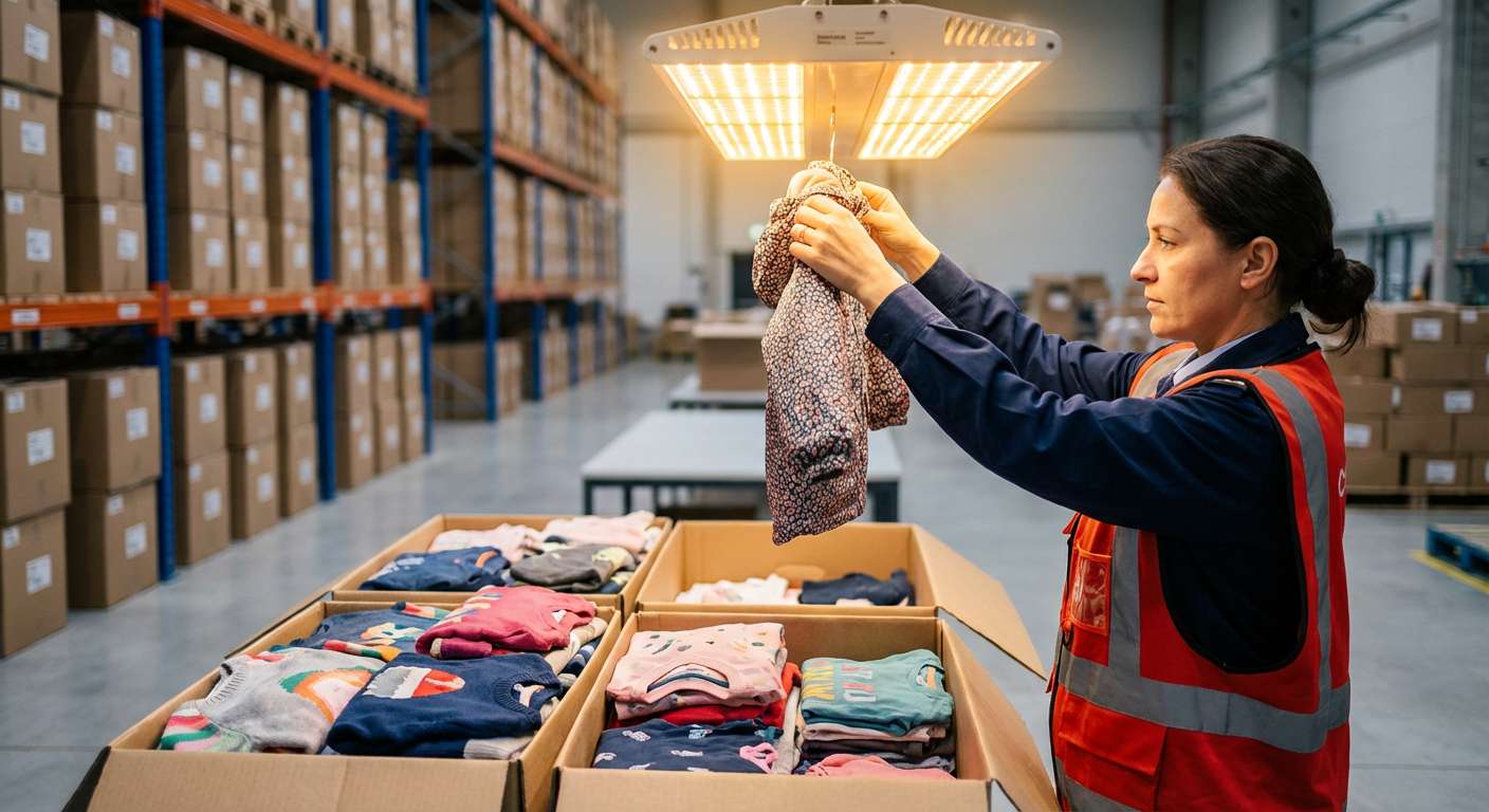 Инспектор на таможенном складе проверяет партию детской одежды из Китая