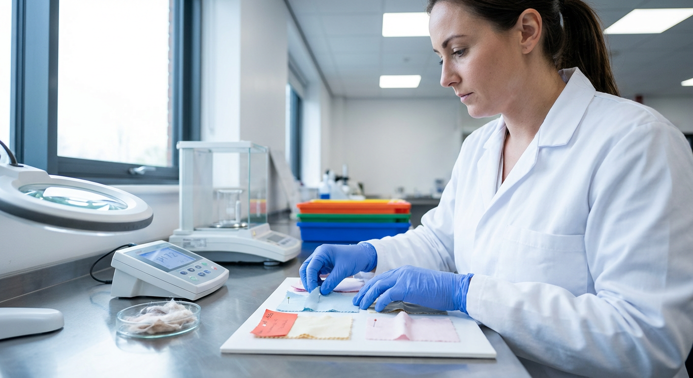 Лаборант тестирует образцы детской ткани на безопасность в аккредитованной лаборатории