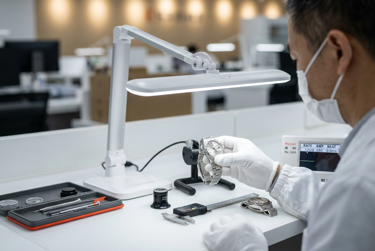 Инспектор в белых перчатках проверяет механические часы на китайском заводе