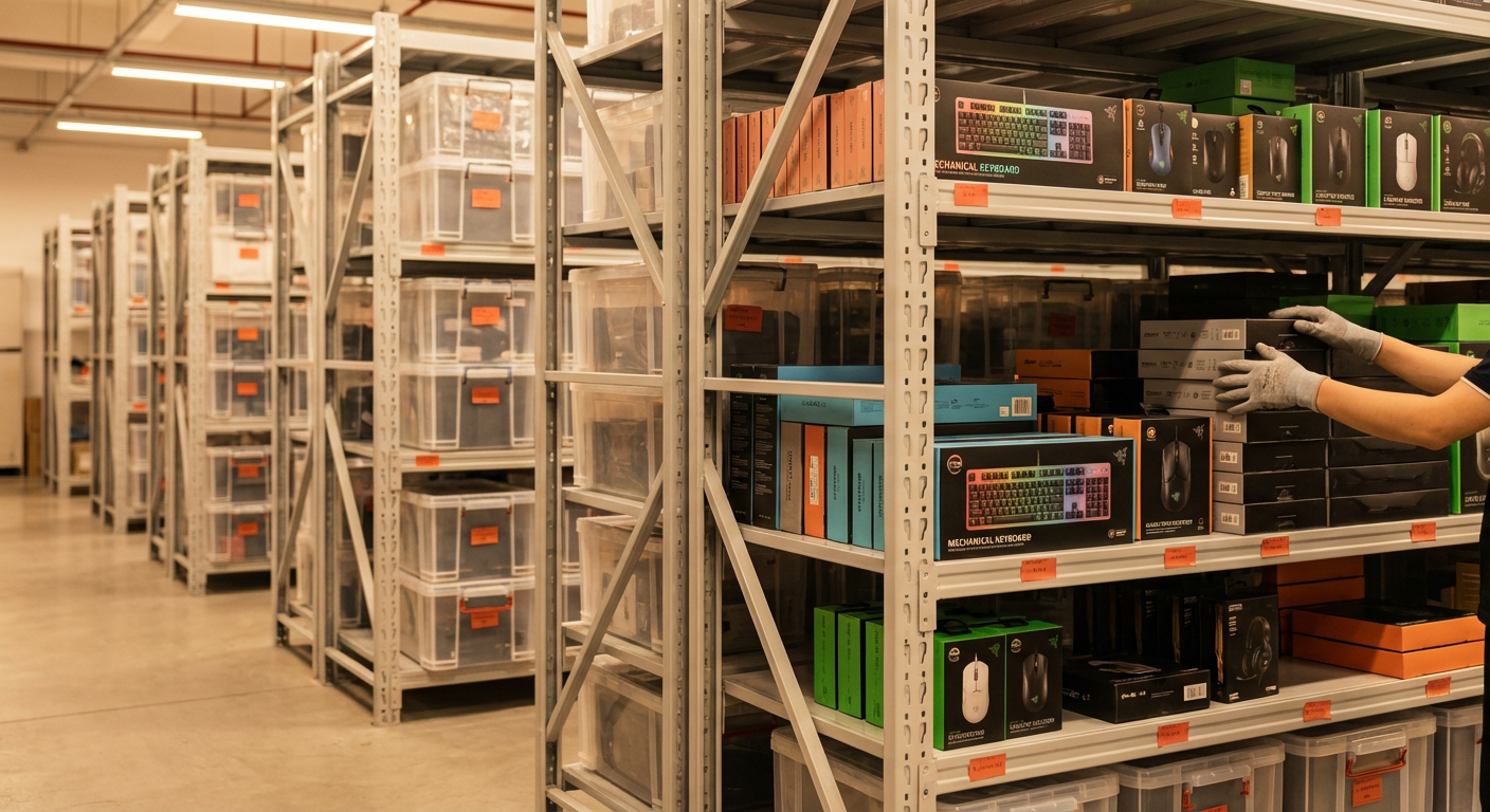 Полки склада в Китае с игровой периферией — клавиатурами, мышами и гарнитурами в коробках