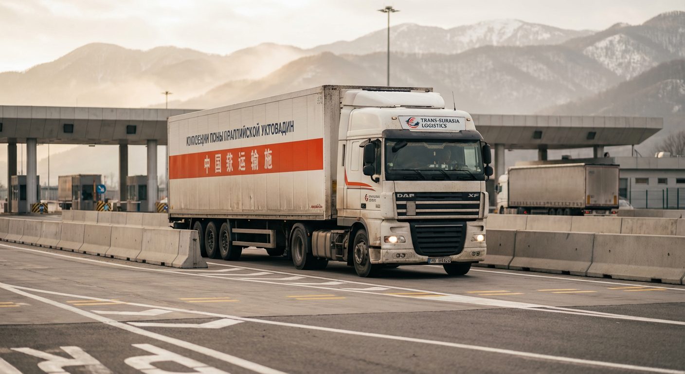 Грузовой автомобиль пересекает контрольно-пропускной пункт на границе России и Китая