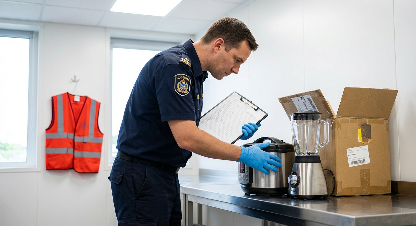 Таможенный офицер осматривает мультиварку и блендер на таможенном досмотре